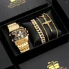 Wristwatches Luxury Bracelet Necklace Watch Gift For Men Golden Men's Black Square Dial Wristwatch Set Stainless Steel Watches Reloj