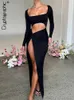 Party Dresses Cryptographic Elegant Long Sleeve High Rise Slit Maxi Dress Women's Clothing Cut Out Ruched Twist Knot Club Dresses Klänning L230313