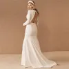Sjöjungfrun bröllopsklänning brud bantning djup v enkel fransk satin klänning vintage långärmad GT2224