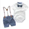 Kledingsets Baby Boys Gentleman Suit Formele 1e verjaardag geboren outfit uit één stuk jumpsuit bowtie peuter peuter kleren