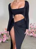 Party Dresses Cryptographic Elegant Long Sleeve High Rise Slit Maxi Dress Women's Clothing Cut Out Ruched Twist Knot Club Dresses Klänning L230313