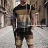 Mäns T-shirts Summer Men's Plaid Stripes Tracksuit Solid Color T-shirt Shorts Set Vintage Suit Man Fashion Outfit Clothing Casual Streetwear 230311