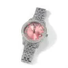 Guarda il nuovo orologio da coppia di moda hip hop con diamanti rotondi rosa, quadrante grande, orologio al quarzo da uomo impermeabile