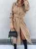 Casual Dresses S ~ 3xl Solid Long Sleeve Shirt Dress Women Lace Up Single Breasted Beach Maxi Party Dresses Turn-Down Collar Split Sash Vestidos 230313