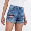 Women's Shorts Fashion Floral Patchwork Ripped Denim Summer Loose Ladies Panel Washed Jean Short Women Casual Mid Waist Straight