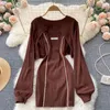 Vestidos casuais zcwxm respirável duas peças de camisetas vestido feminino gorjeta moleta de manga longa fêmea stereetwear outono