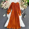 Casual Dresses Women Chiffon Dress Elegant Pleated Drees Medium Längd långärmare O-Neck Lantern Sleeve A-Line Solid High midja