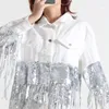 Kvinnors jackor kvinnors koreanska version designkänsla lös riven långärmare jacka tung paljett fransar denimrock