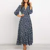 Casual Dresses Women Floral V Neck Maxi Dress Spring Ladies Long Puff Sleeve Fleared Dress Fashion Female Button Swing Dress A-Line 230313