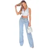 Jeans femininos Mulher esticada na cintura alta perna larga streetwear moda vintage mamãe azul solto calças retas 230313