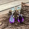 Dangle Boucles D'oreilles Exquis Ovale Violet Zircon À La Mode En Métal Deux Tons Incrusté Mer Bleu Pierre Fleur Bijoux