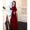 Ethnic Clothing Chinese Square Collar Burgundy Toasting Clothes Velour Cheonhsam Women Slim Folds Bride Long Sleeve Vintage Vestidos