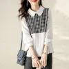 Blouses voor dames lente herfst dames shirts tops 2023 mode elegante houndstooth splice poppen kraag losse casual dame blouse pullover