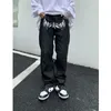Женские джинсы y2k корейские мужчины мода черная уличная одежда повседневная череп с прямыми грузовыми брюками. Брюки для джинсовой ткани.