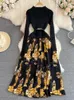 Casual Dresses Elegante Winter Frauen Pullover Vintage Blumendruck Patchwork Langarm Slim Gürtel Strickpullover Vestidos Robes Femme