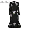 Lässige Kleider MoaaYina Herbst Frauen Kleid Perlen Umlegekragen Rose Stickerei Bohren Schwarz Schlank Paket Hüfte Elegante Meerjungfrau Kleider 230313