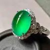 Cluster Rings Original Silver Inlaid Natural Hetian Chrysoprase Oval Ring Ladies Adjustable Luxury Elegant Chinese Engagement Party Jewelry