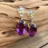 Dangle Boucles D'oreilles Exquis Ovale Violet Zircon À La Mode En Métal Deux Tons Incrusté Mer Bleu Pierre Fleur Bijoux