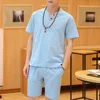 Men's T-Shirts Summer Linen Cotton T-shirt Men's Set Chinese Style Short Sleeve Sportswear Pants 2 Piece Sets Men Tracksuit Solid Suit 230313