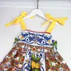 23ss Designer Brand Halter Dress Bow Binding Kids Dress Print Dresss Neri Pure Cotton Skirts Girls Dresses Kids Skirt Baby Clothes A1