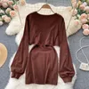 Vestidos casuais zcwxm respirável duas peças de camisetas vestido feminino gorjeta moleta de manga longa fêmea stereetwear outono