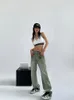 Womens Jeans Yedinas Streetwear Green Boyfriend Women Vintage Washed Multiple Pockets Wide Leg Pants High Waist Baggy Denim Trousers 230313