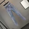 Damen Jeans Frühling Herbst Streetwear Frauen Vintage Blau Slim Diamanten Jeans mit hoher Taille Knöchellange Denim-Hosen Hose 5XL 230311