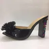 Pantoufles en cuir noir brillant frangé à talons hauts diapositives chaussures habillées formelles d'été femmes Mules bijoux