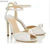 Sandal Fashion High Quality Wedding Shoes Pearls Studs Luxury Peep Toe Heels Buckle Strap Woman 230313