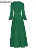 Casual Dresses Gedivoen Fashion Designer dress Autumn Women's Dress V-Collar Lantern sleeve Hollow Ruffles Casual Green Maxi Dresses 230313