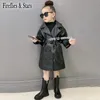 Jackets Spring Autumn girls PU Jacket baby long coat toddler outwear kids streetwear clothes fashion England waistband black 3 to 14 yrs 230313