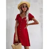 Feestjurken korte puff mouw slanke knop mini jurk zomer zoete casual elegante wijn rood vrouwelijk mode katoenvestidos