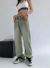 Womens Jeans Yedinas Streetwear Green Boyfriend Women Vintage Washed Multiple Pockets Wide Leg Pants High Waist Baggy Denim Trousers 230313