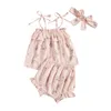 Clothing Sets Infant Baby Girl's Three Piece Set Ruffled Hem Lace Up Shoulder Strap Floral Printed Tops Elastic Waist Shorts Hair Band