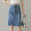Skirts Denim Split Knee Length Skirt Women High Waist Embroidery Y2k Blue Kawaii Harajuku Vintage Sweet Thin Bodycon Pencil Jeans Skirt 230313