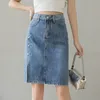 Kjolar denim delad knä längd kjol kvinnor hög midja broderi y2k blå kawaii harajuku vintage söt tunna bodycon blyerts jeans kjol 230313