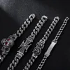 Punk Skull Cross Curb Cuban Link Chain Herrenarmband Vintage Schwarz Edelstahl Red Eye Zircon Skeleton Male Bike Biker Armbänder Armreif Schmuck