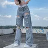 Jeans pour femmes Streetwear déchiré pantalon droit taille moyenne lâche été Baggy Y2K High Street Cargo 230313