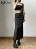 Юбки Sylcue Simple Black Split Sexy Sexy Wermatile Light Cool Thin Summer's Goman's Mature Feminine Street Skirt Long 230313