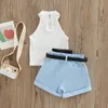 Ensembles de vêtements Petite fille Tenues trois pièces Couleur unie Sans manches Côtelé Col montant Hauts Pantalon court ceinturé Petit sac de taille 6M-4T 230313