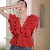 Kvinnor Bluses Camisas Blusaas Mujer vintage veckad smal ärmlös topp V Neck röd ruffle shirt kvinnor sexig svart vit blus