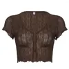 Women's Blouses V-neck Ruffle Sheer Short Sleeve Sexy Top Hook Clasp Closure See-through Net Yarn Crop Cardigan Female Clothing Y2k Clothes