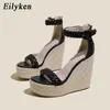 top Summer Peep Toe Weave Cane Straw Sandals Buckle Platform Wedges Women Fashion High Heels Female Shoes 230306