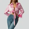 Kvinnors blusar skjortor 3/4 ärm tie främre skjorta kofta satin v hals vintage fjäder skörd harajuku e-girl club streetwearwo