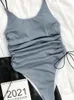 Costumi da bagno da donna Costume da bagno grigio tinta unita Costume da bagno intero da donna con controllo della pancia Donna Spiaggia Moda sexy Nuoto a vita alta