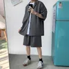 Herr t-shirts koreansk stil mäns set kostym jacka och shorts solid tunn kort ärm topp matchande botten sommarmode överdimensionerade klädman 230311