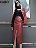 التنانير Lautaro Long Soft Faux Leather Pencil Skirt Women مع جيوب الأمامية الشق الجبهة مرتفعة من تنانير Midi للنساء تنورة حمراء 230313