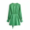 Robes décontractées 2023 robe verte femmes Satin femme élégante à manches longues Mini été dame noeud Wrap soirée courte