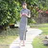Этническая одежда 2023 Длинное ретро -китайское стиль литературное клетчатое платье STRIM FIT STRETCE CHEONGSAM Платье традиционное QIPAO
