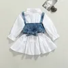 Kleidung Sets Mode Kinder Baby Mädchen Kleidung Einfarbig Langarm Hemd Kleid Denim Perlen Weste 2Pcs Outfits Kleidung 230313